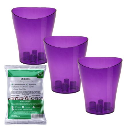 Garten Lux Pflanzgefäße Set (3 Töpfe Ø 16 cm, H 19 cm Violett + Blähton 2.5 Liter)