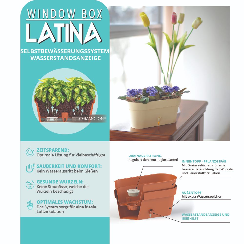 Santino Latina Window Box Pflanztöpfe L 39.5 cm, H 17 cm Cream