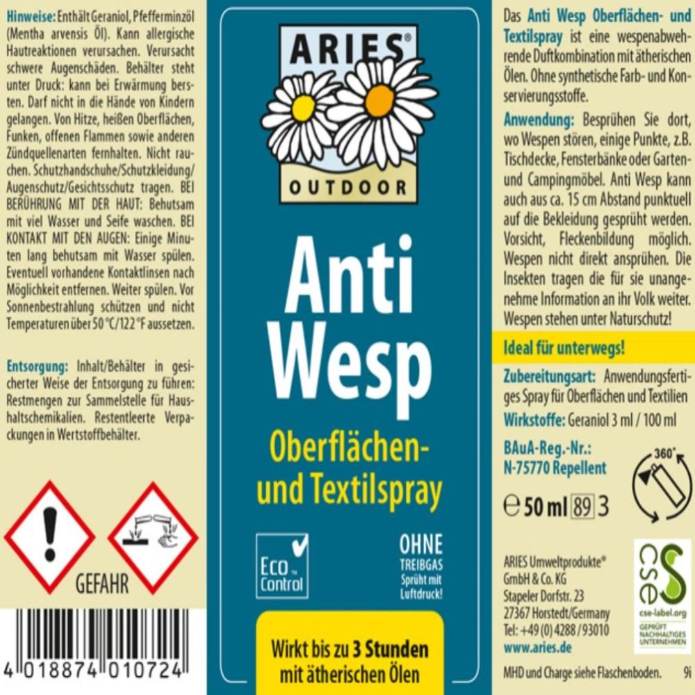 Aries Anti Wesp Oberflächen- und Textilspray 50 ml